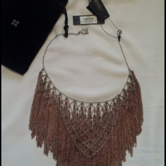 BCBG Lattice Woven Chain Fringe Necklace - Picture 2 of 3