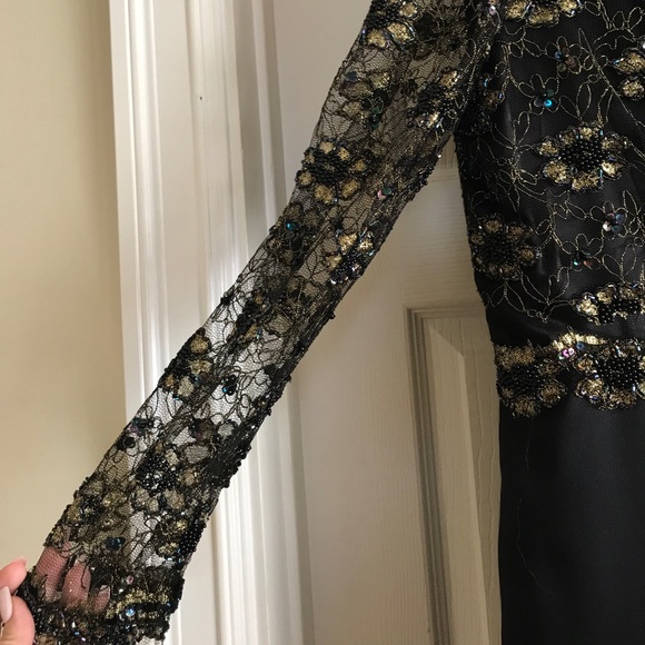 TWO PIECE CUSTOM BLACK AND GOLD SEQUENCE GOWN - Picture 5 of 8