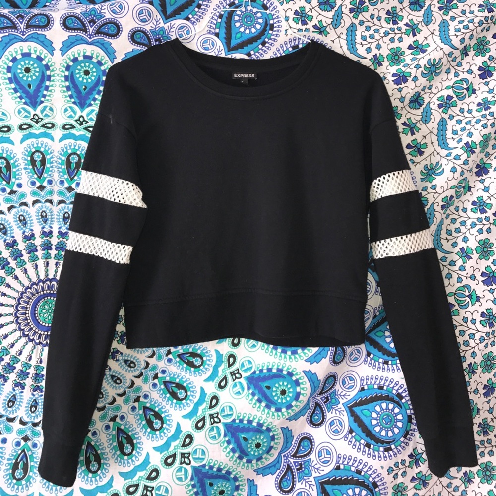 black crop top sweater, white stripped sleeves.