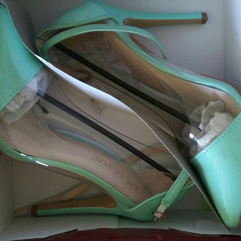 See-through mint ankle strap heels