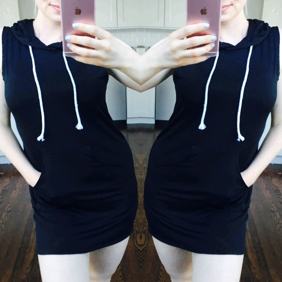 ❣Back in! "Kendall" Black Polyester Hoodie Dress - Picture 2 of 4