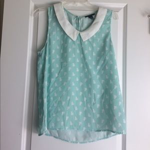 Cat Print Collared Sleeveless Blouse