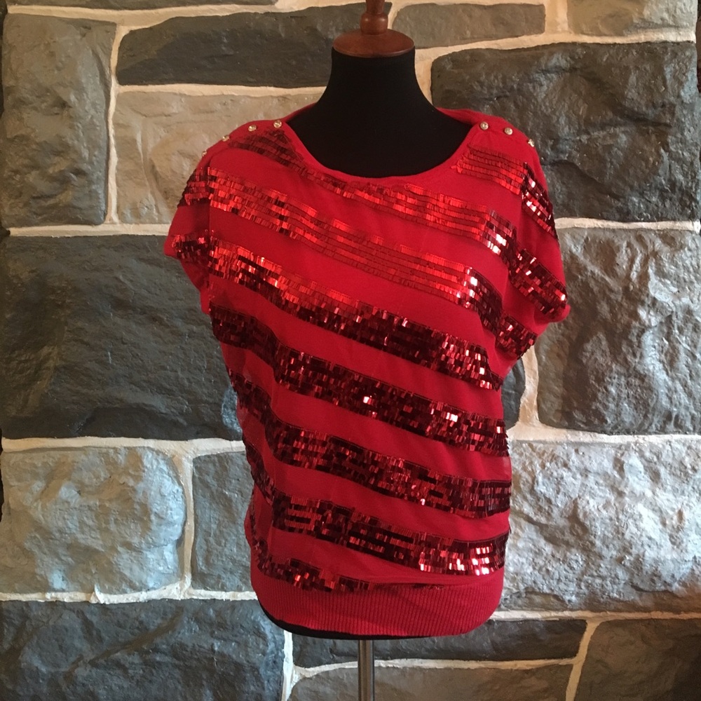 Festive red sequin boat neck sweater
