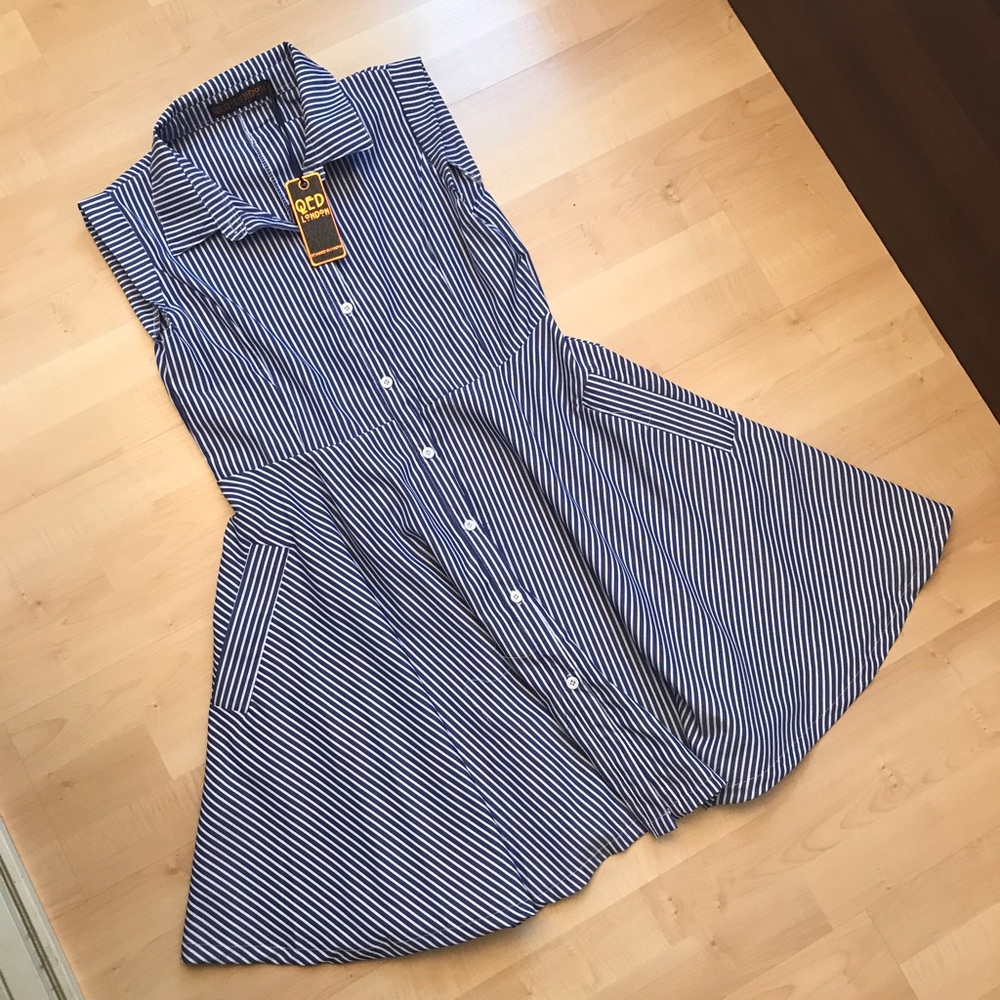 QED London Blue Stripe Button Down Dress