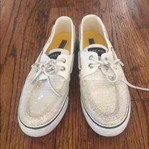 White sequin Sperry shoes