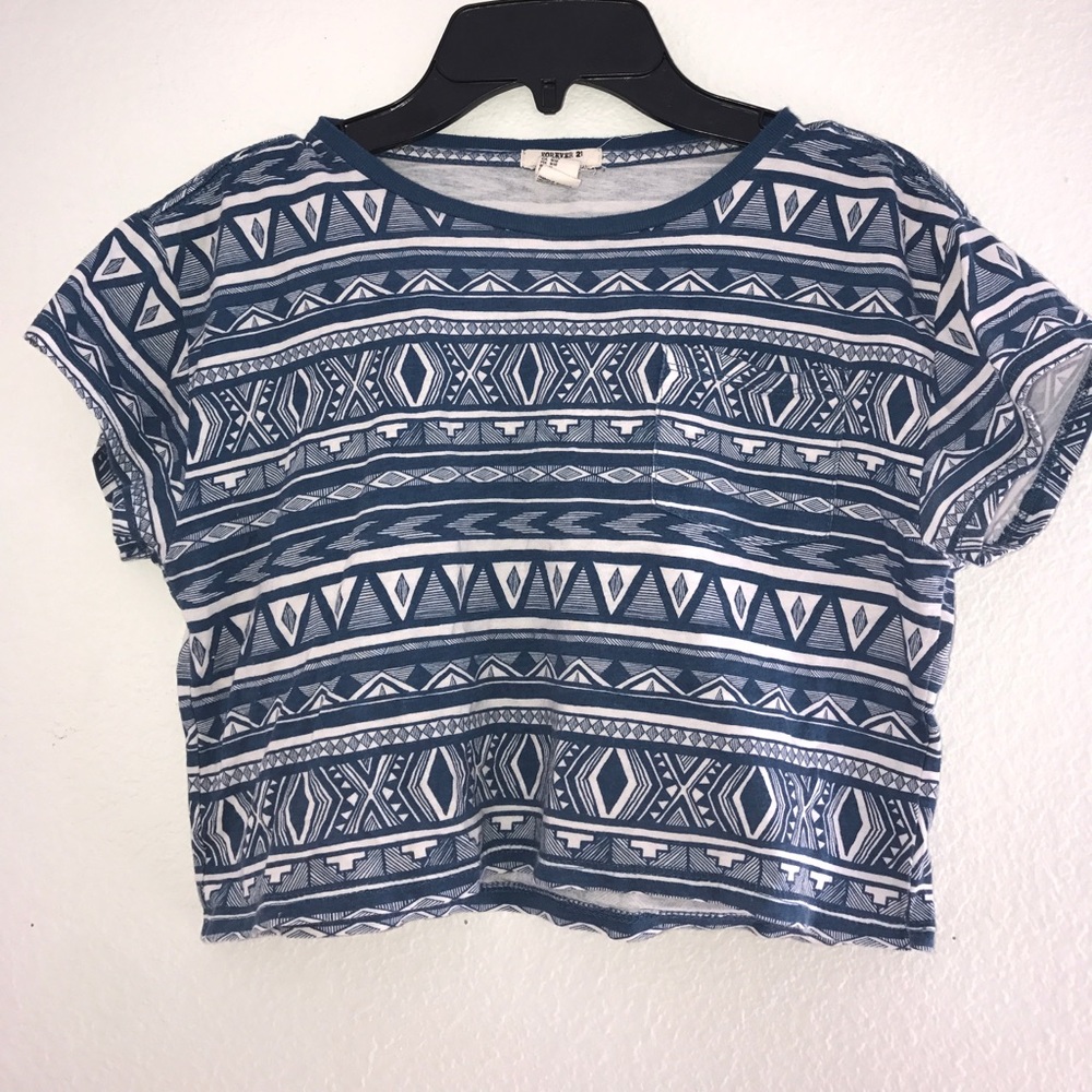 Blue and white pattern crop top.