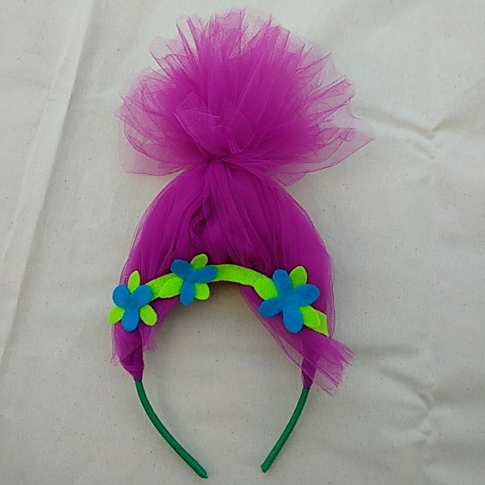 Trolls headband, pink w/ green and blue flowers