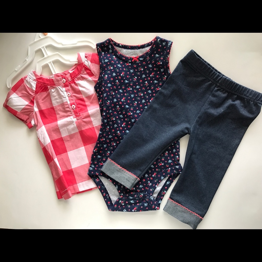 Carters Red & White Plaid/Floral 2 pc set + jeans