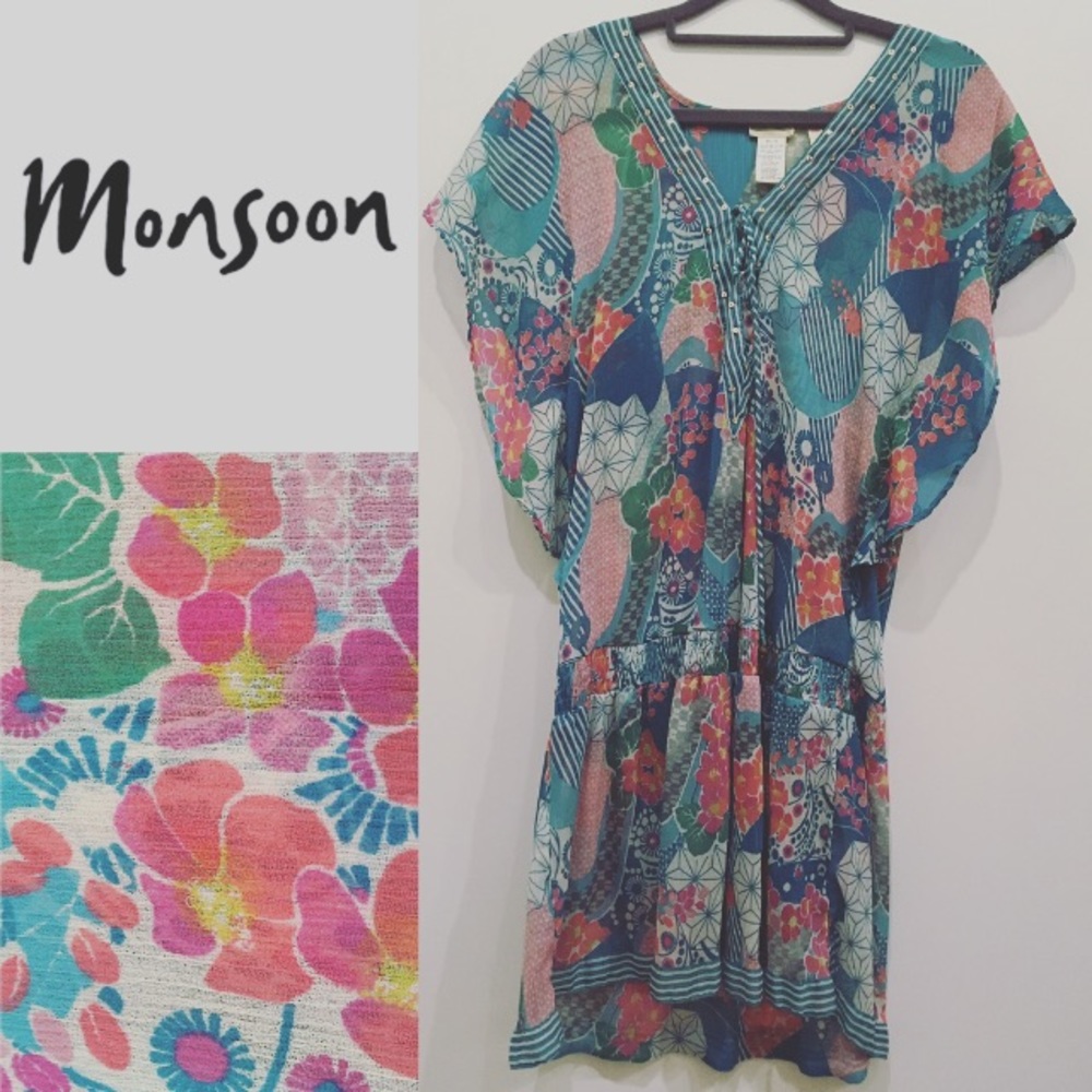 MONSOON FLORAL PRINT BEACH KAFTAN COVERUP. S