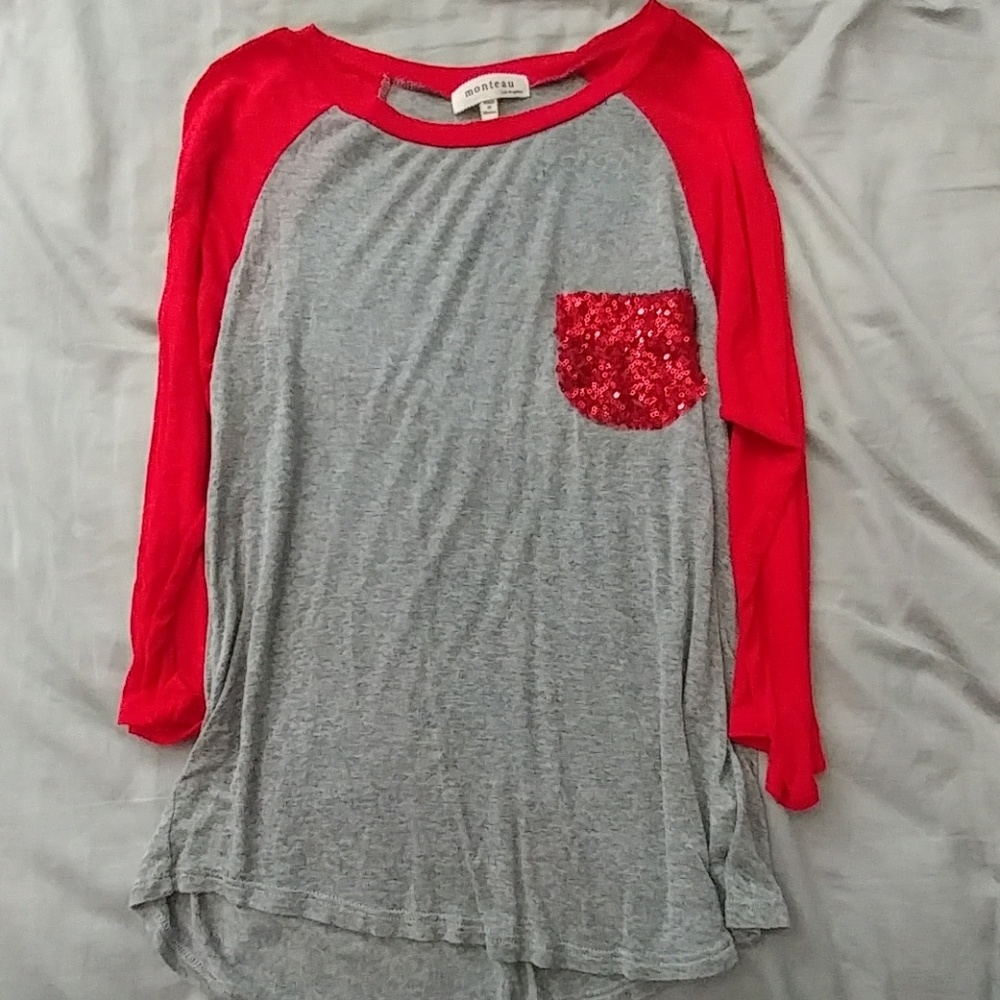 Juniors 3/4 sleeve sequin pocket shirt