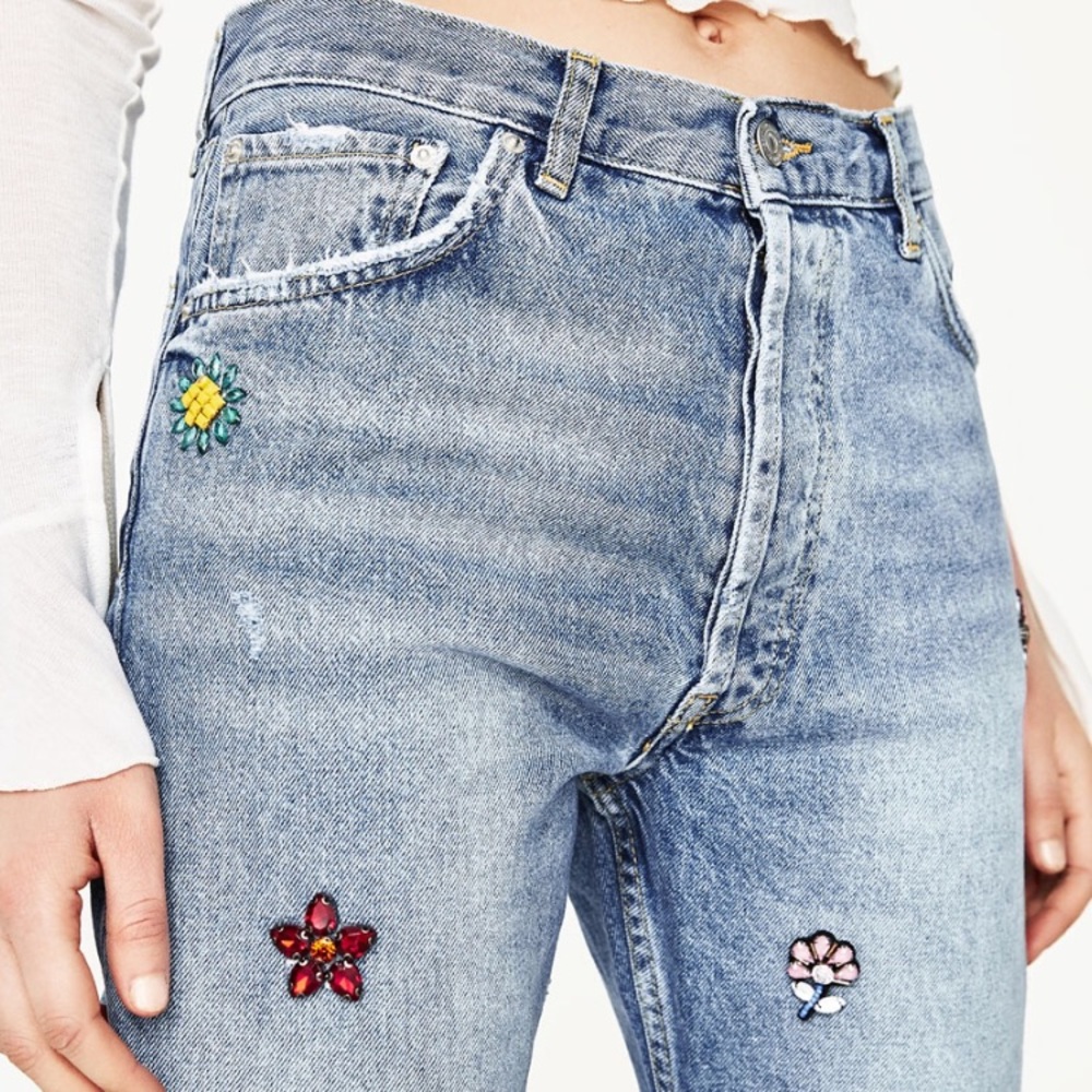 Zara High-Waisted Jeans with Floral Gems