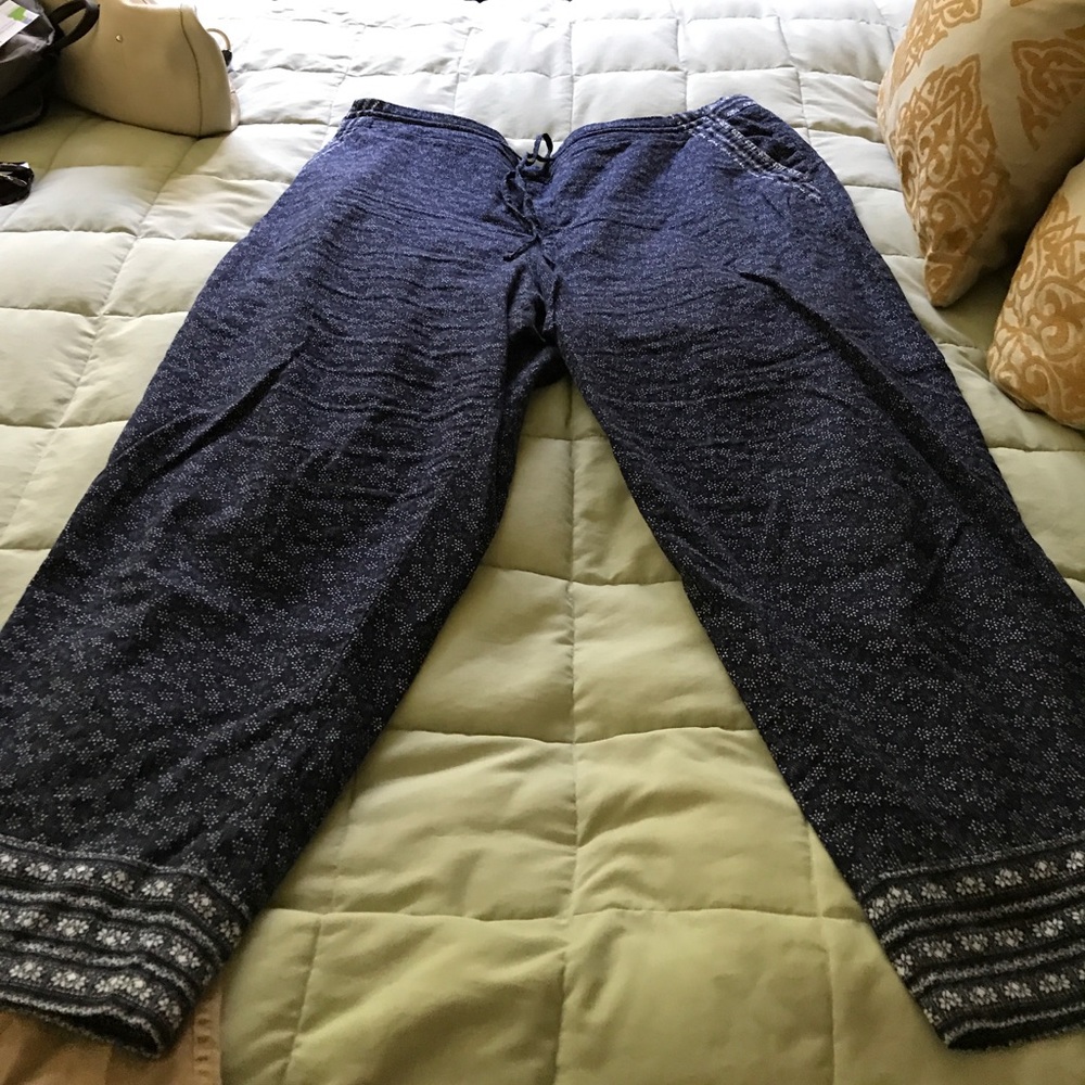 Navy print cotton linen pants with tie waist