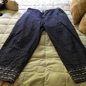 Navy print cotton linen pants with tie waist