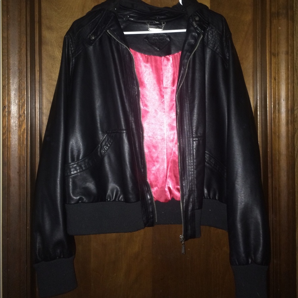 Leather jacket with hood