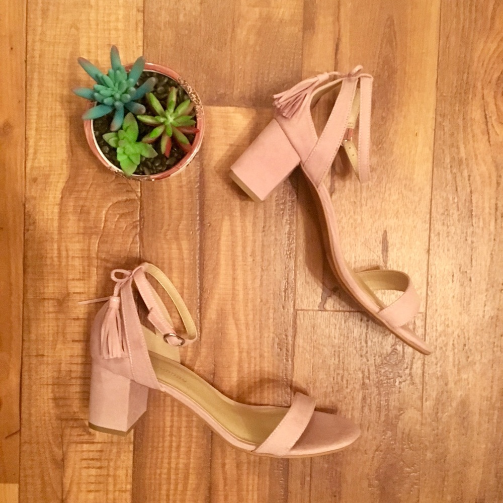 blush block heel sandal with tassels