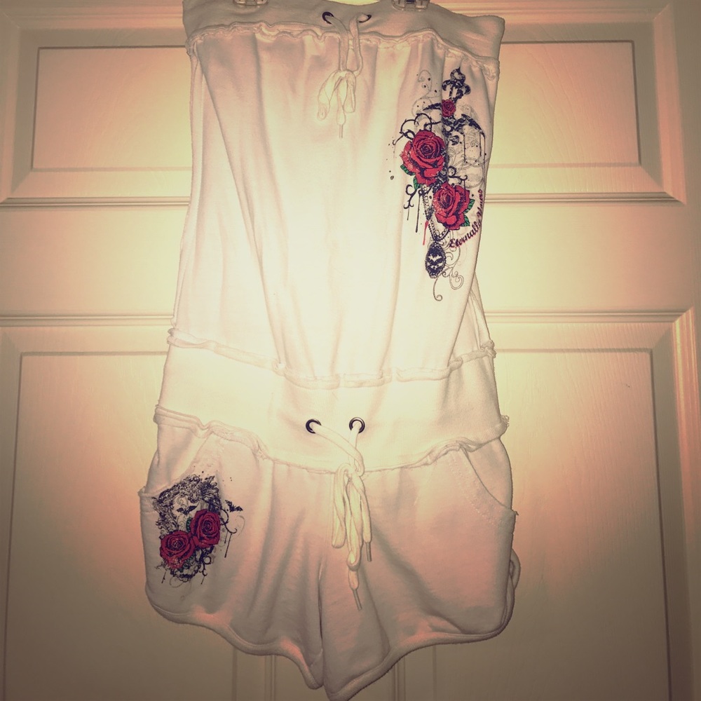 White Strapless Shorts Romper with Red Roses
