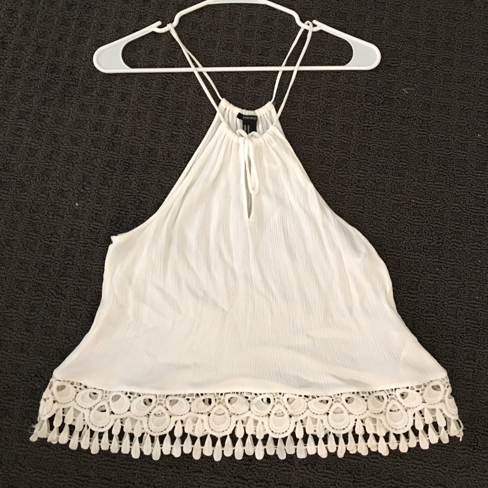 White tank with bottom crochet trim