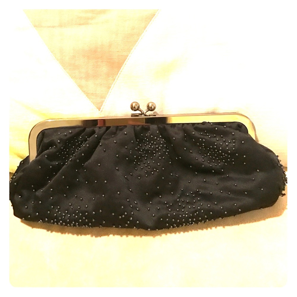 Black Beaded Satin Clutch from Express