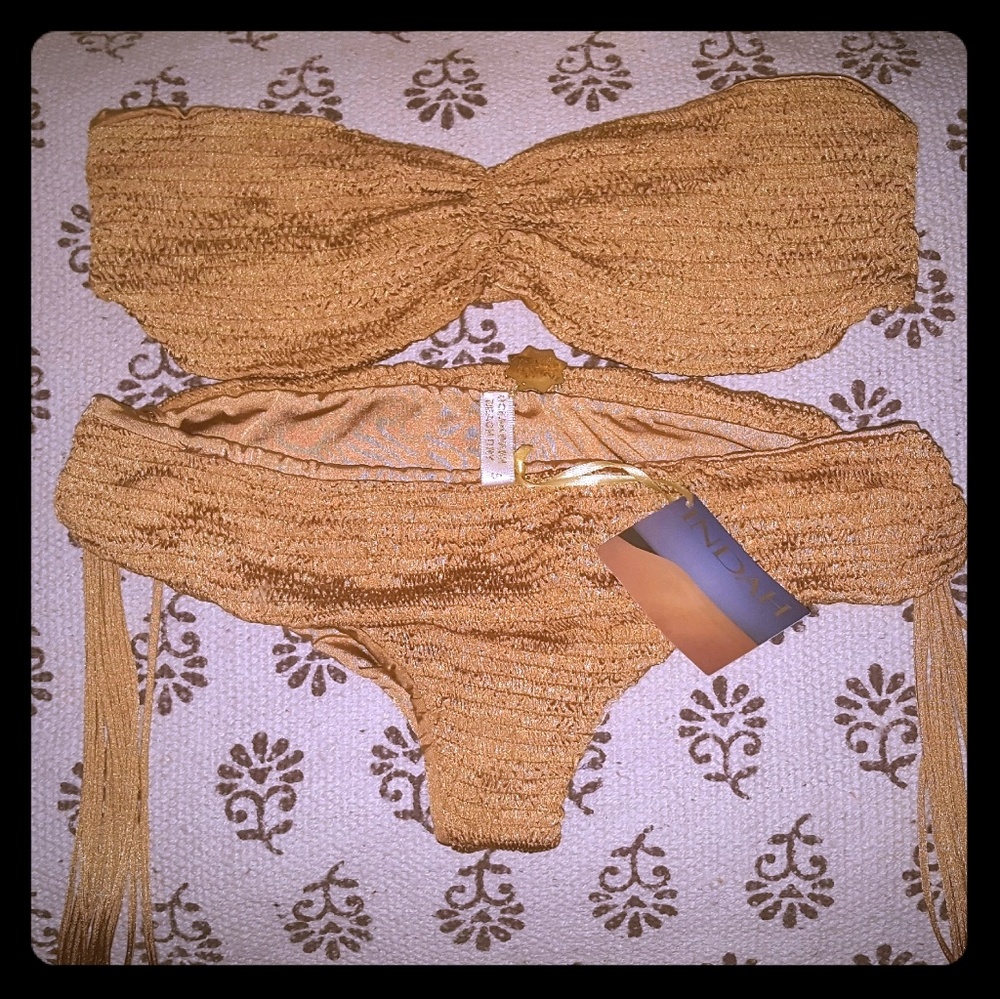 INDAH Gold Smocked Bikini Set Small NWT Cheeky