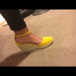 Yellow faux suede espadrille wedges