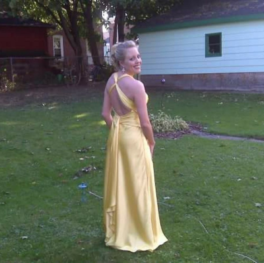 Canary yellow silk formal gown.