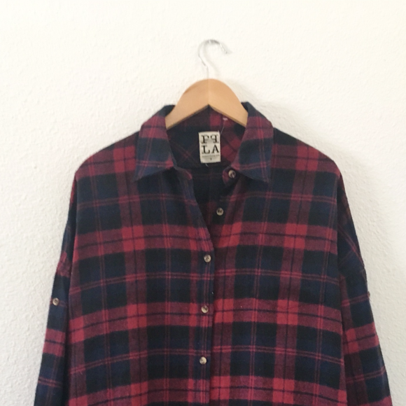 PPLA Tops - Oversized Flannel Button Down Shirt with Pockets