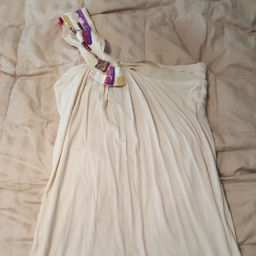 BCBG Maxazria beige/cream off one shoulder dress