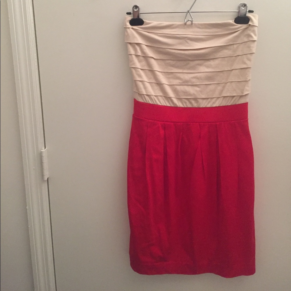 Strapless Beige & Red Colorblock Dress