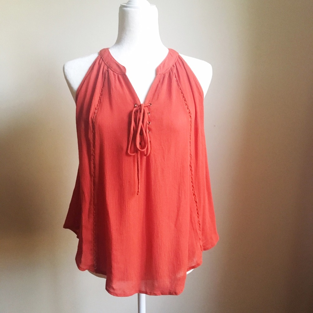 Orange Crochet Lace Up Draped Halter Tank