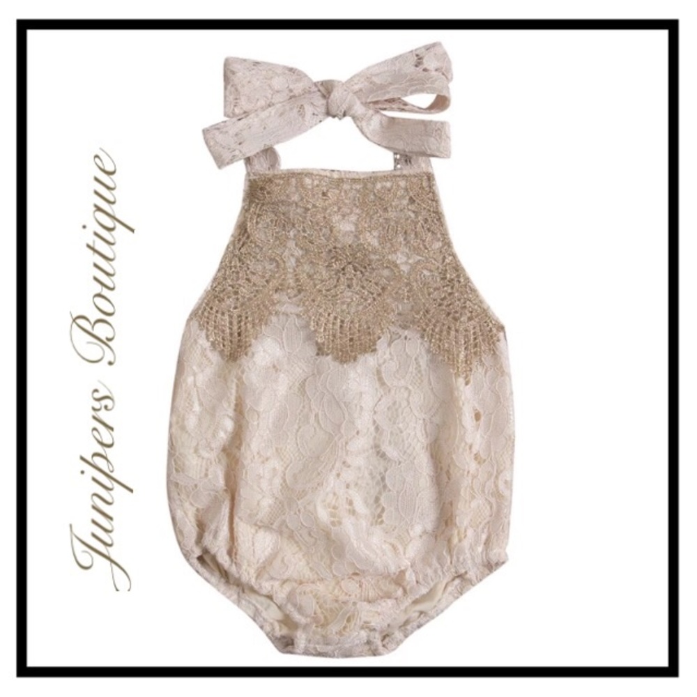 Boutique Baby Girl Vintage ivory lace Romper