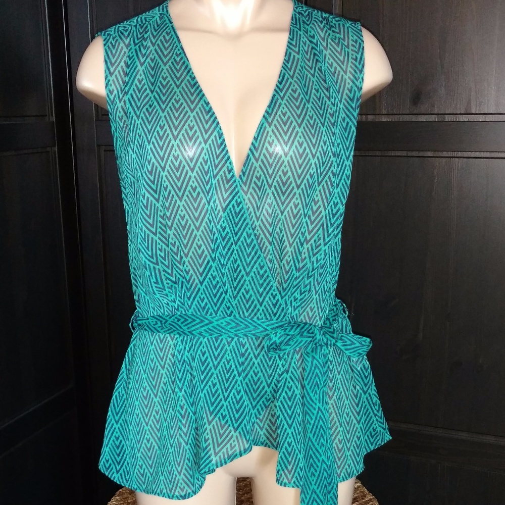 Faux Wrap Tie-Waist Printed Blouse/Tank MEDIUM