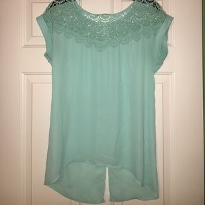 Light teal chiffon blouse with crochet detail.