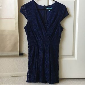 Navy Blue Lace Deep V Romper w/ cap sleeves