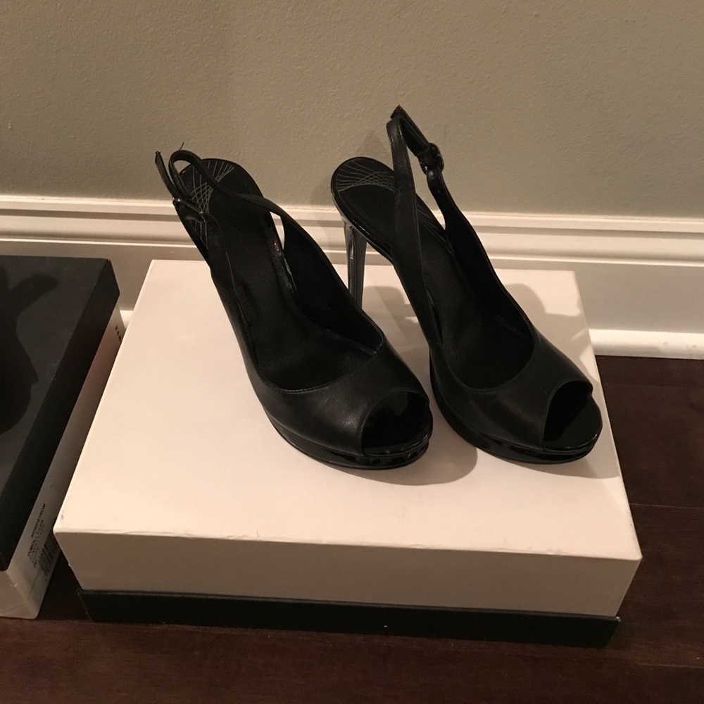 4' inch black leather strap-back heels