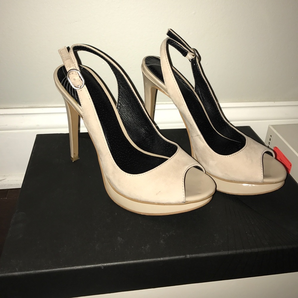 Taupe 4' inch high stiletto strap back heels