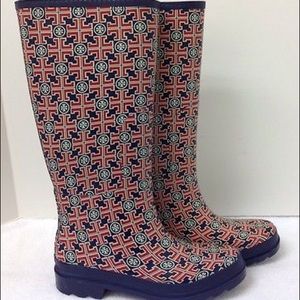 Tory Burch Red Navy and Cream Logo Rainboots