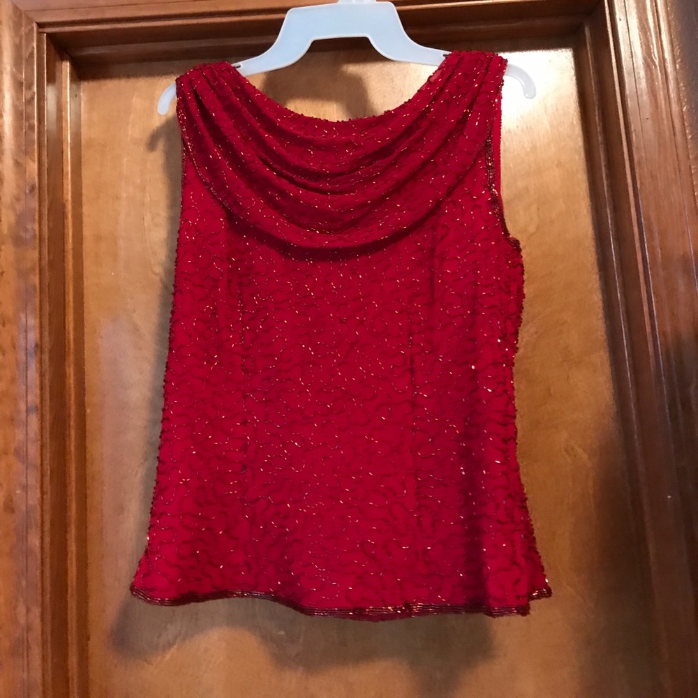 Red Beaded Dressy Sleeveless Blouse, Fully Lined