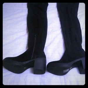Chunky thigh high black suede boots