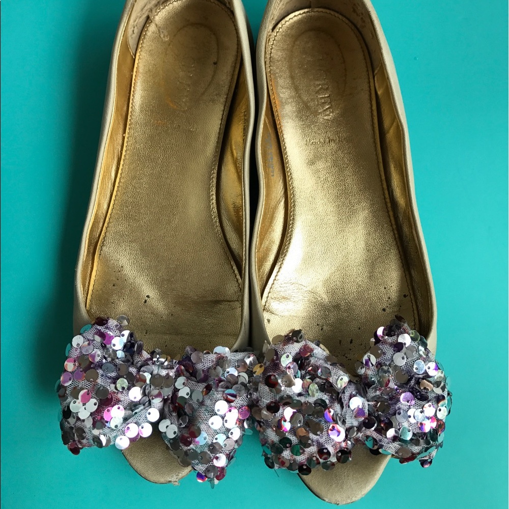 J. Crew nude sequin bow peep toe shoe