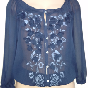 Sheer Navy Floral Embroidered Button Up Blouse