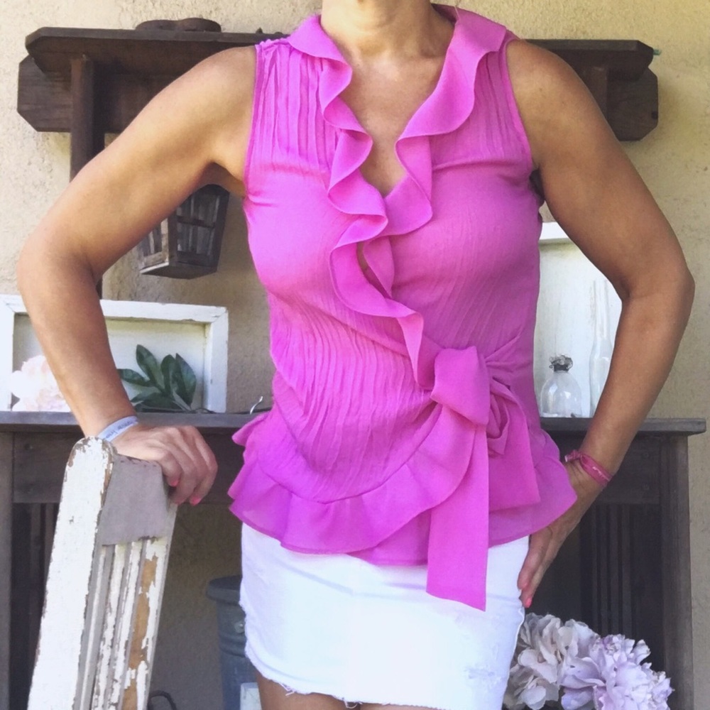 RUFFLED Button Sleeveless Crinkle Blouse w/ Tie
