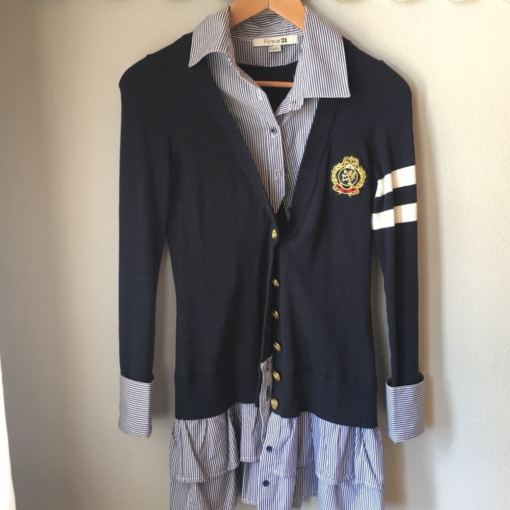 Navy Cardigan with Ruffle Blouse