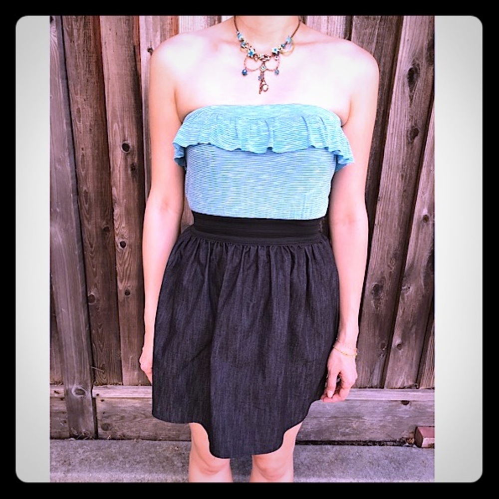 Black & blue stripes strapless dress