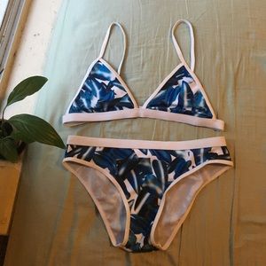 White and Blue Leaf print bikini set