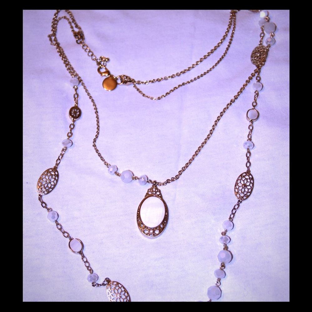 Gold with White Accents Multi Layer Long Necklace