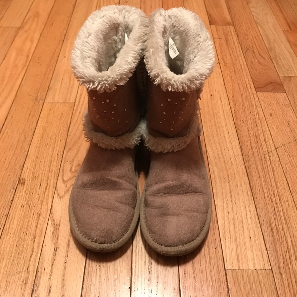 tan winter boots with sequins and pom poms
