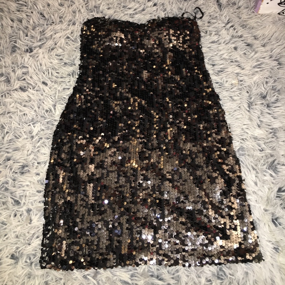 Strapless black and silver sequin mini dress
