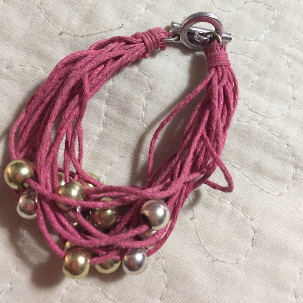 Pink leather cord bracelet with silver beads