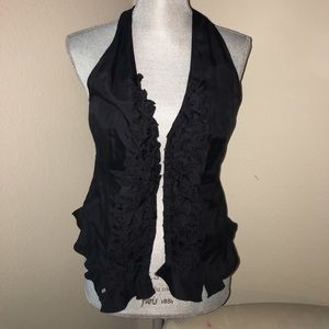 Silk black vest blouse with ruffles