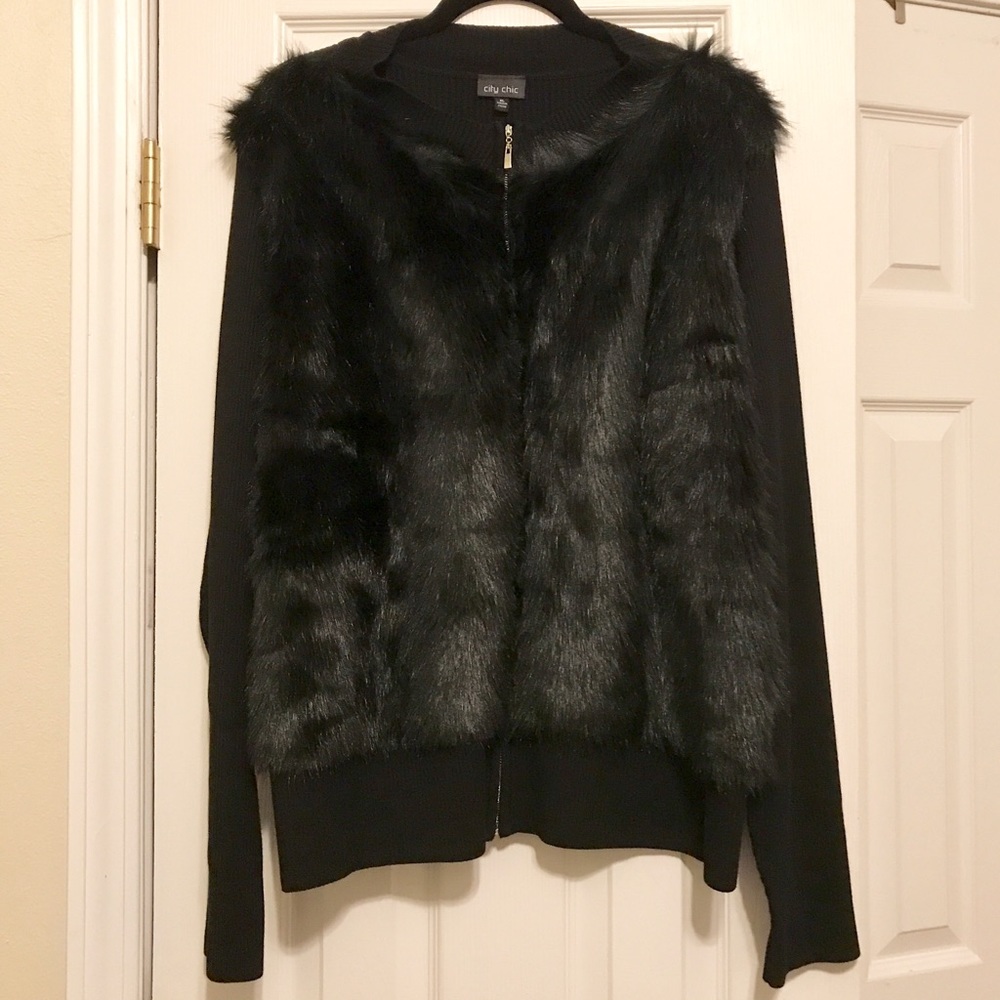 City Chic Faux Fur Sweater with Front Zip